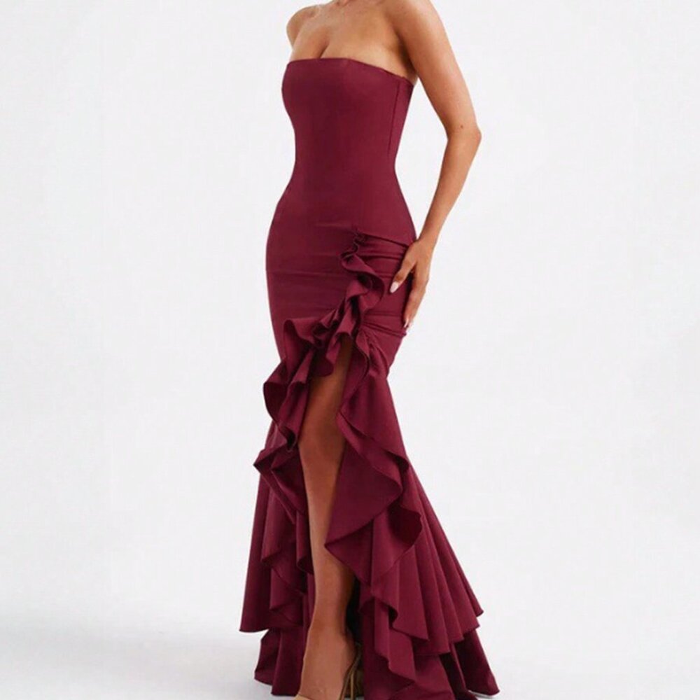 Burgundy Party Women's Sexy Strapless Asymmetrical Hem Fitted maXI Dress - Picture 6 of 9